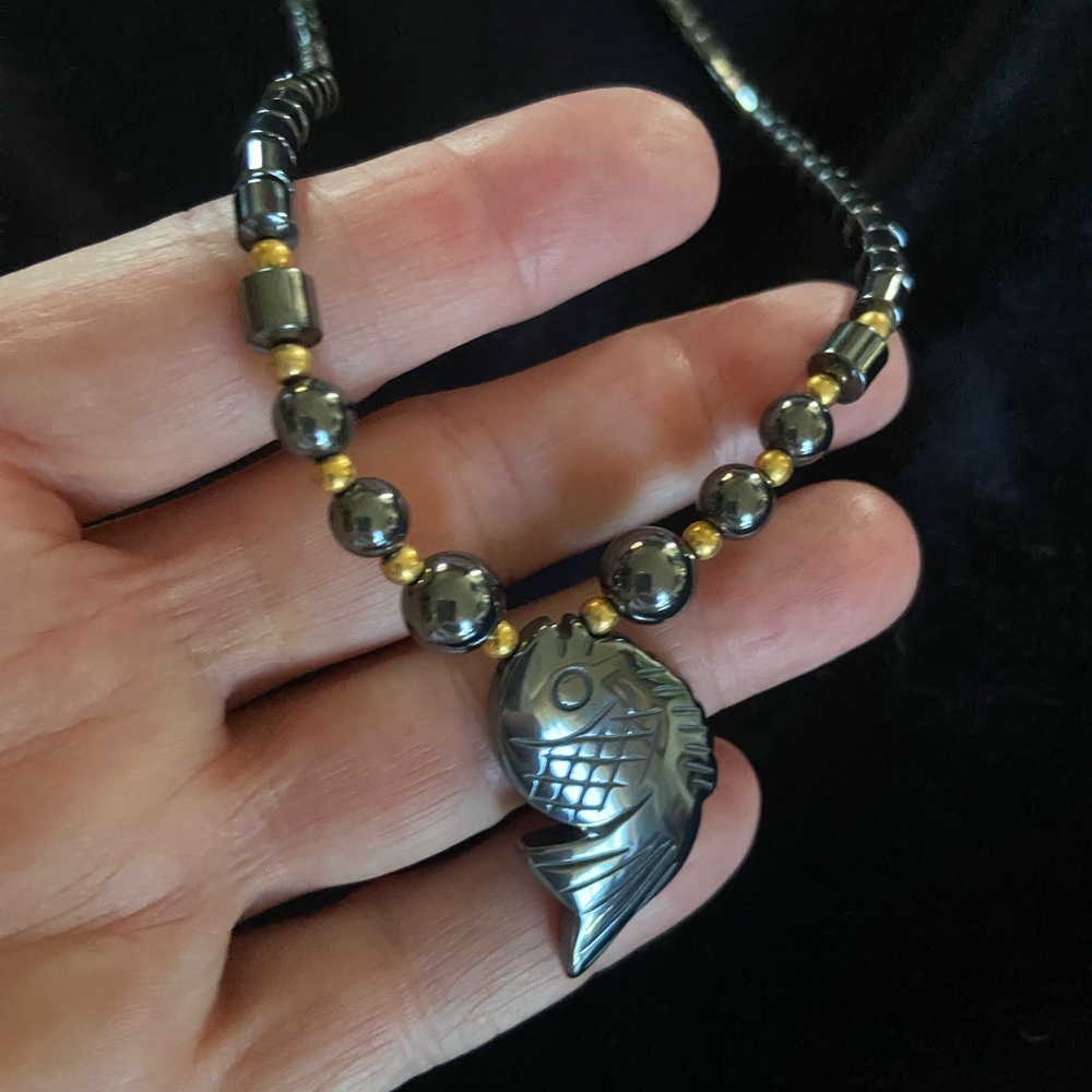 Black Hematite Fish Pendant Necklace with Gold Accent Beads